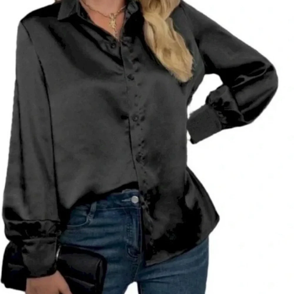NWT Joie Satin Buttoned Career Blouse Black Large Office